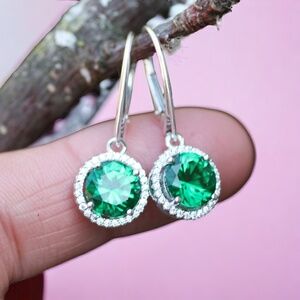 New Handmade Emerald Halo Earrings Sterling Silver, May Birthstone Delight